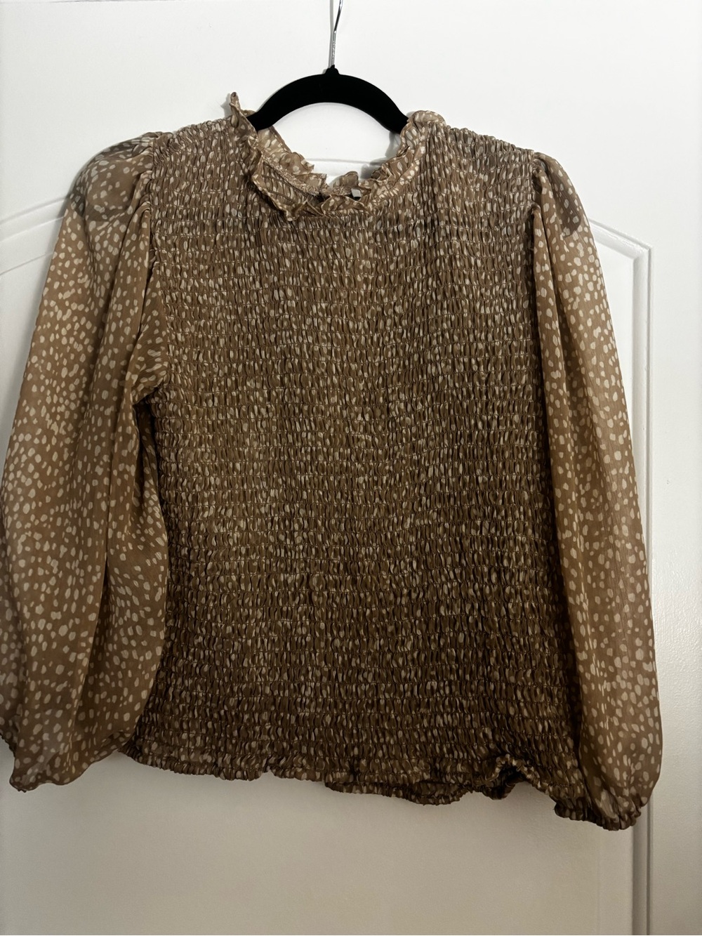 Express Brown Smocked Ruffle-Neck Blouse